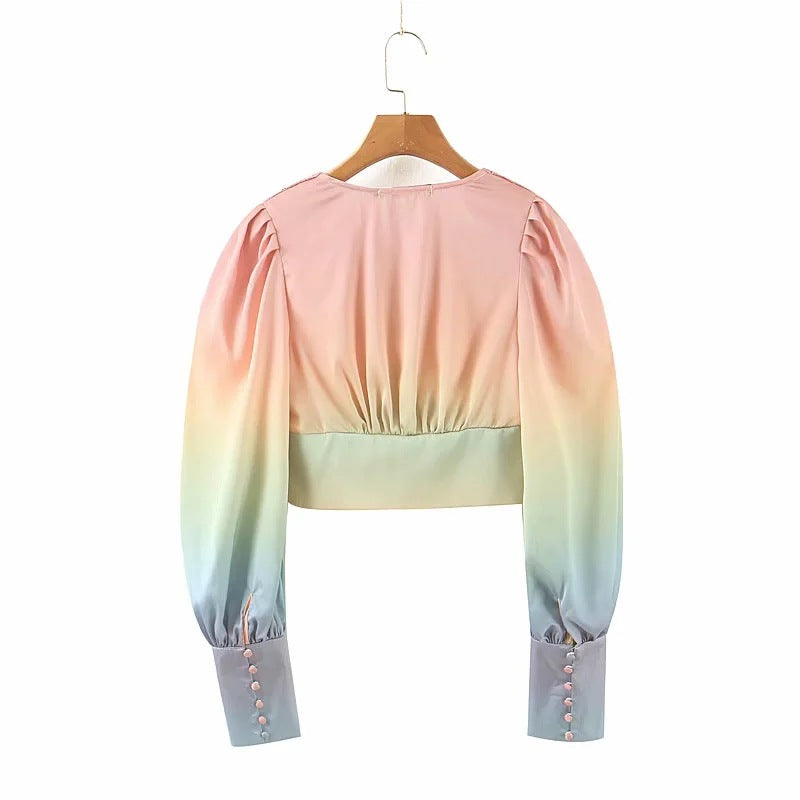 Colorful gradient lantern sleeve short shirt