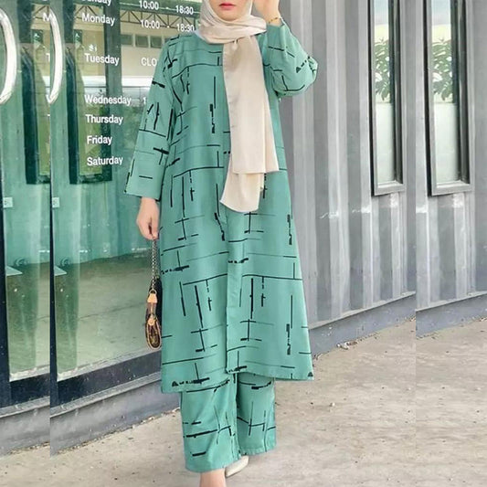 Women's Muslim Print Daily Suit Army Green Fashion Casual Set