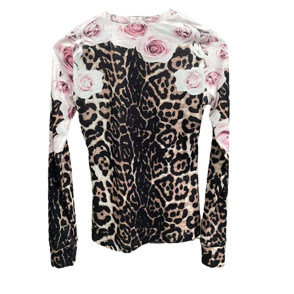 Distressed Rose Leopard Print Ethnic Print Tight Long Sleeve Top