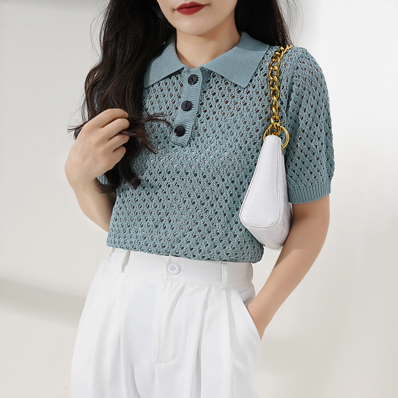 Women's POLO Collar Short Western Style Knitted Top