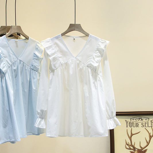 Sweet Ruffled Long-sleeved Doll Shirt Top Plus Size Women's Clothing