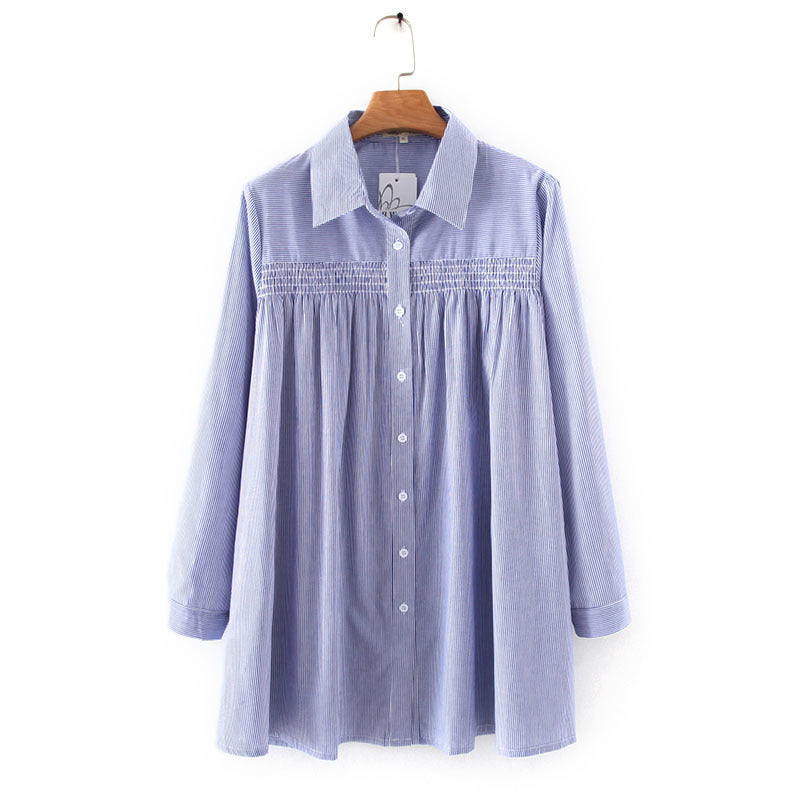 Cotton Striped Mid-Length Loose-Fitting Long-Sleeved Shirt