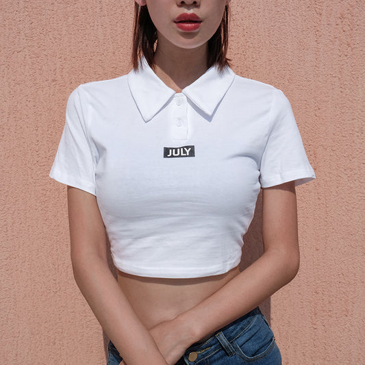 Women's POLO collar letter print tight short section navel T-shirt female