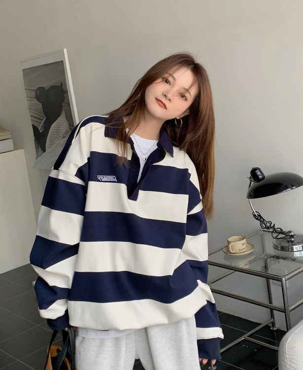 American Retro Polo Collar Striped Sweater Women's Thin