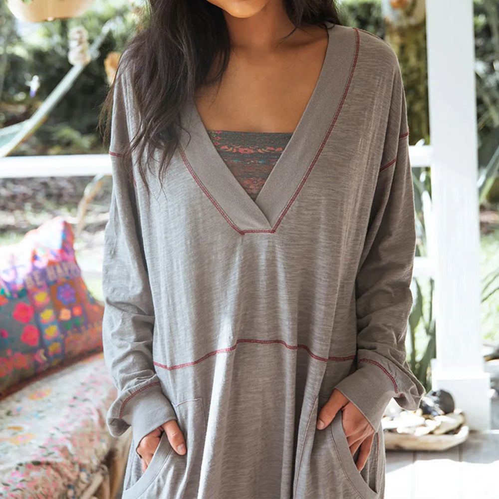 European And American Solid Color Fashion V-neck Long Sleeve Casual Loose Jumpsuit