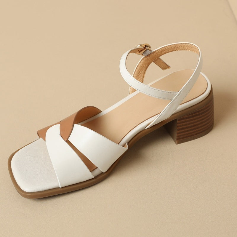 Women's Hollow Color Matching Chunky Heel Sandals With Buckle