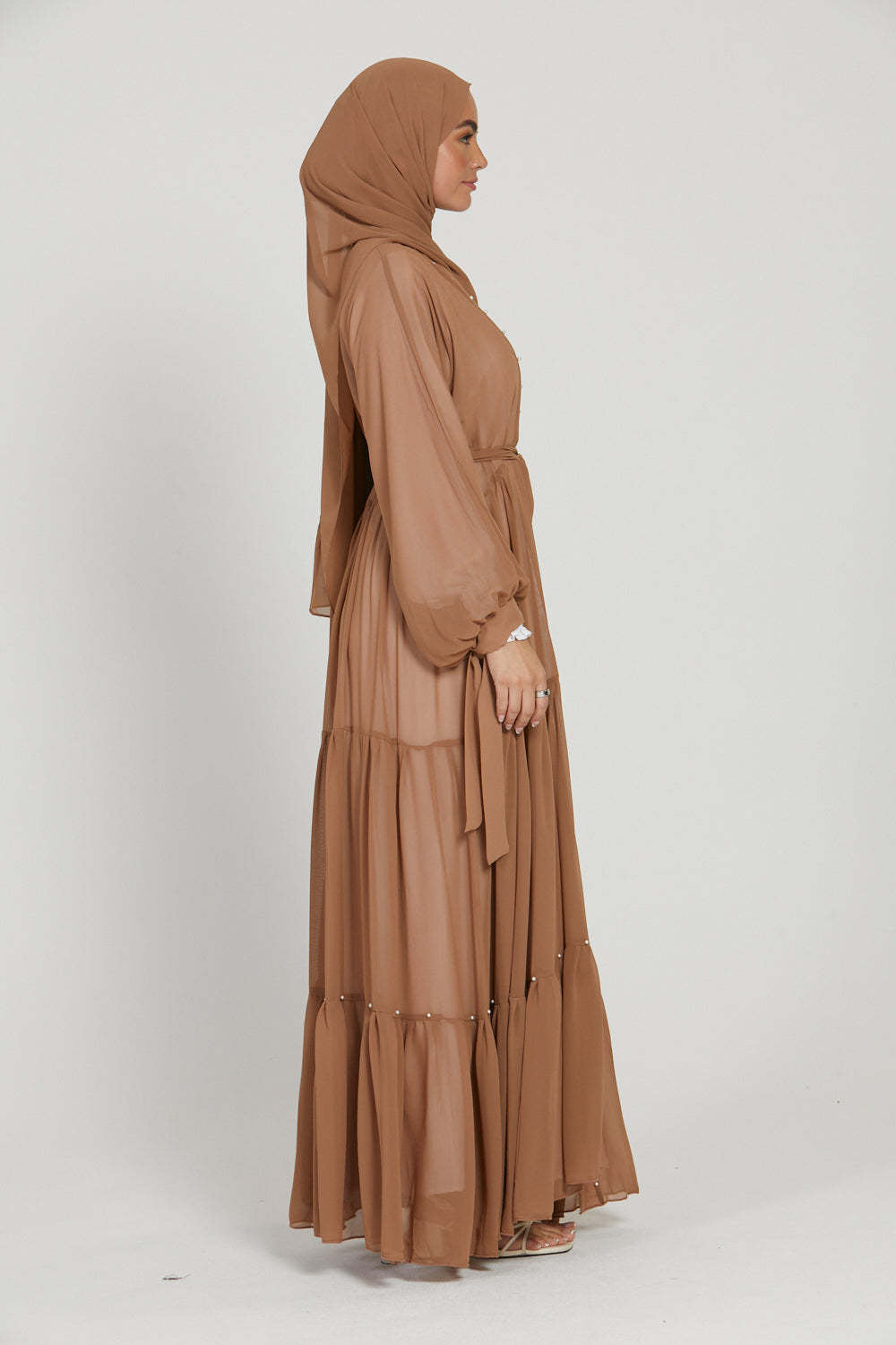 Elegant Solid Color Beaded Muslim Lacing Chiffon Cardigan Robe