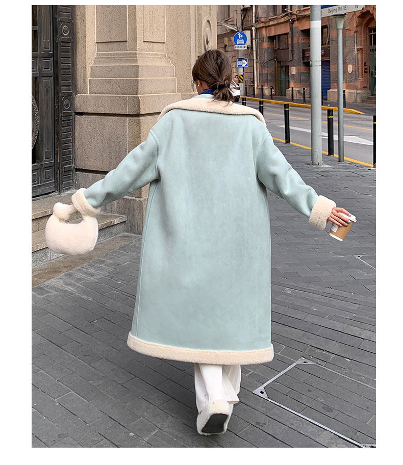 Women's Stand Collar Loose Stitching Design Sweet Cool Long Fur Coat