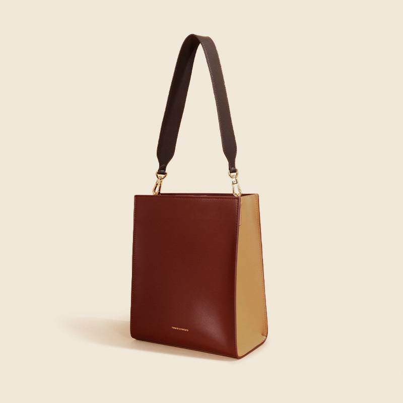 Women's Wide Shoulder Strap Leather Bag New Contrast Color Shoulder