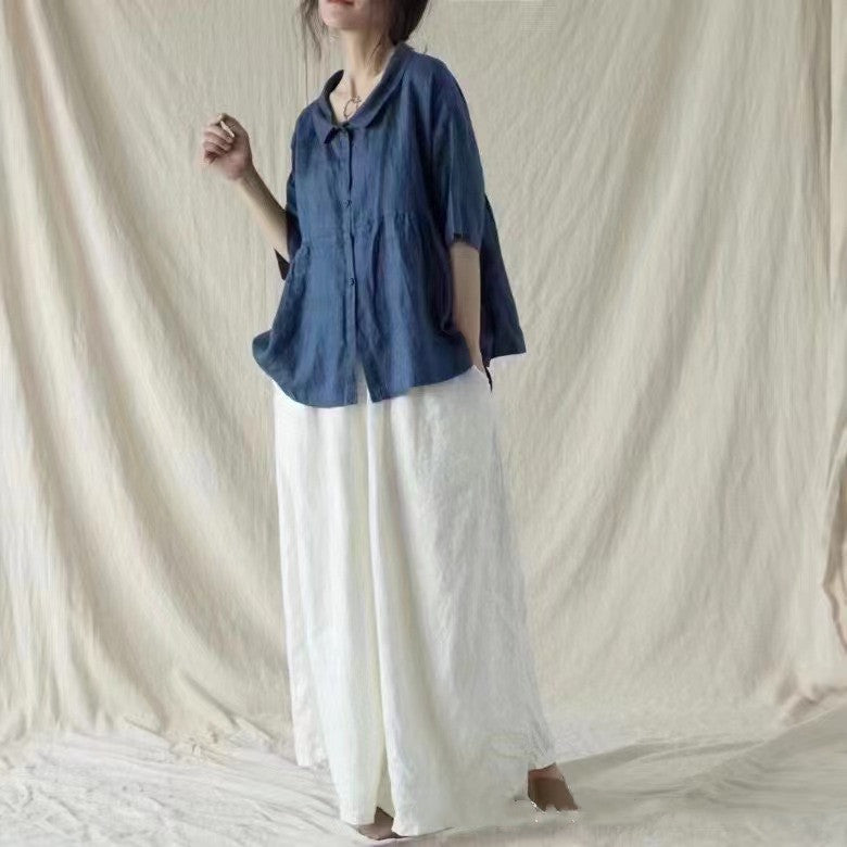 Solid Color Linen Lapel Artistic Retro Loose Short Sleeve Shirt