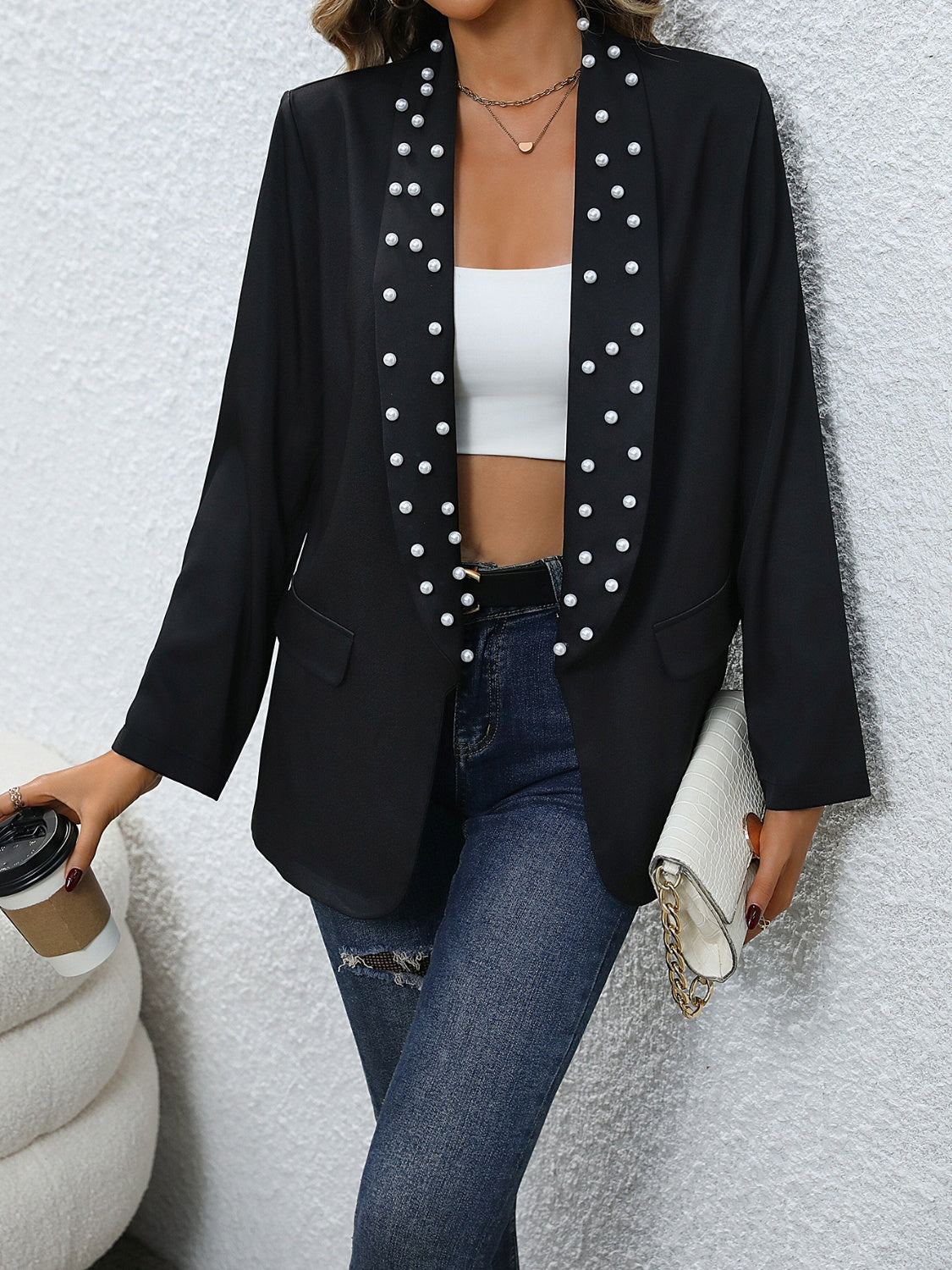 Blazer mit offener Vorderseite und Perlendetail