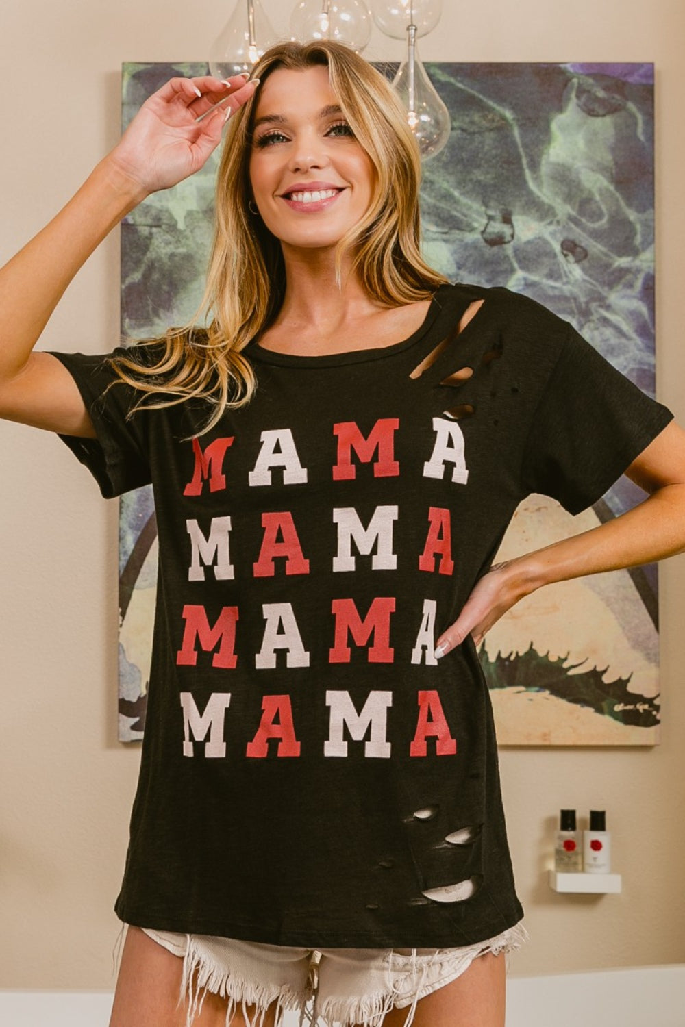 BiBi MAMA Camiseta de manga corta con gráfico desgastado