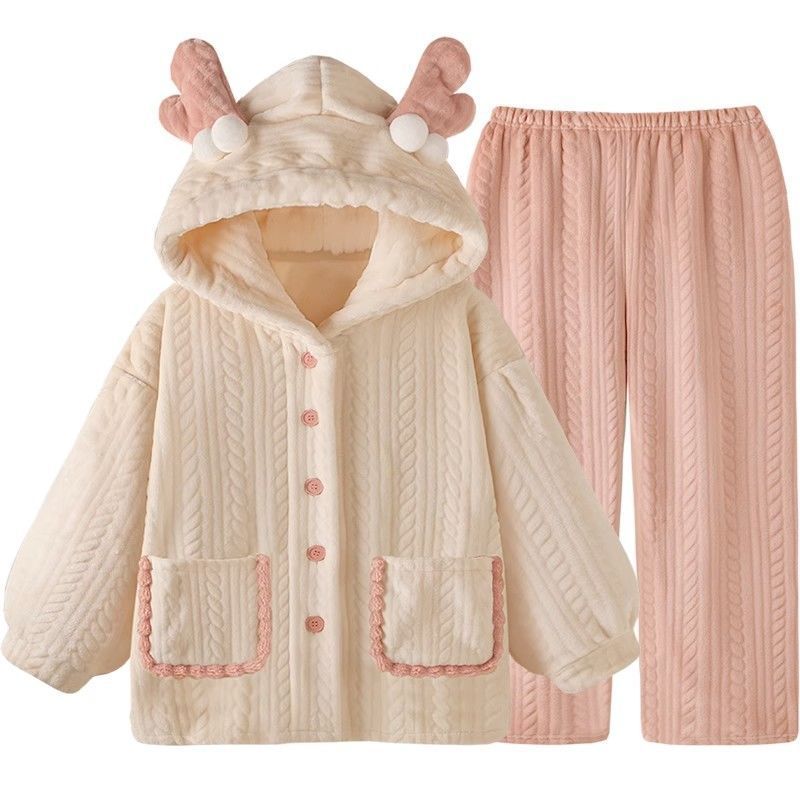 Women's Fashion Flannel Long Sleeve Warm Student Homewear Sets