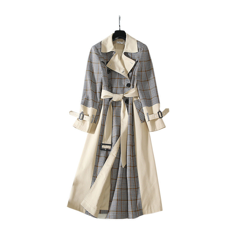 Checked stitching lace-up waist long trench coat