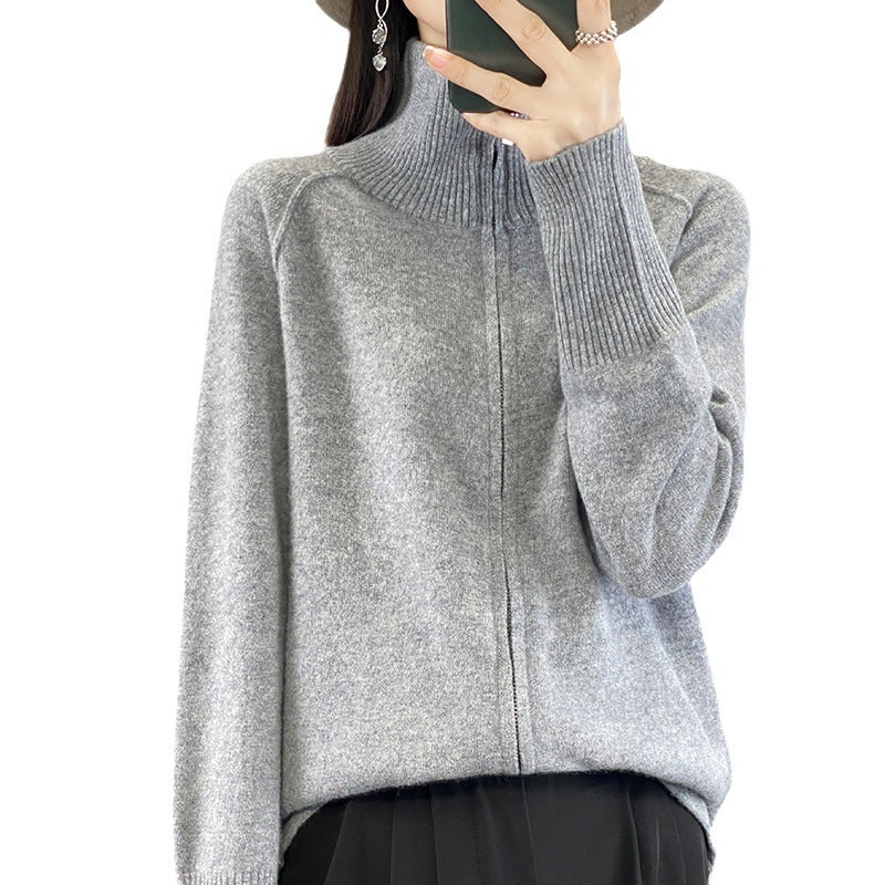 FallWinter New High Neck Wool Knit Cardigan Women