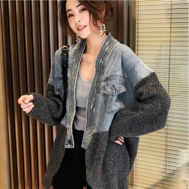 Design Stitching Denim Jacket Women's Knitted Cardigan