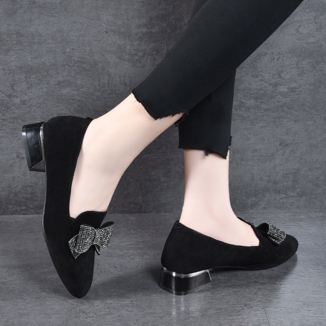 All-matching Round Toe Rhinestone Bow Leather Shoes