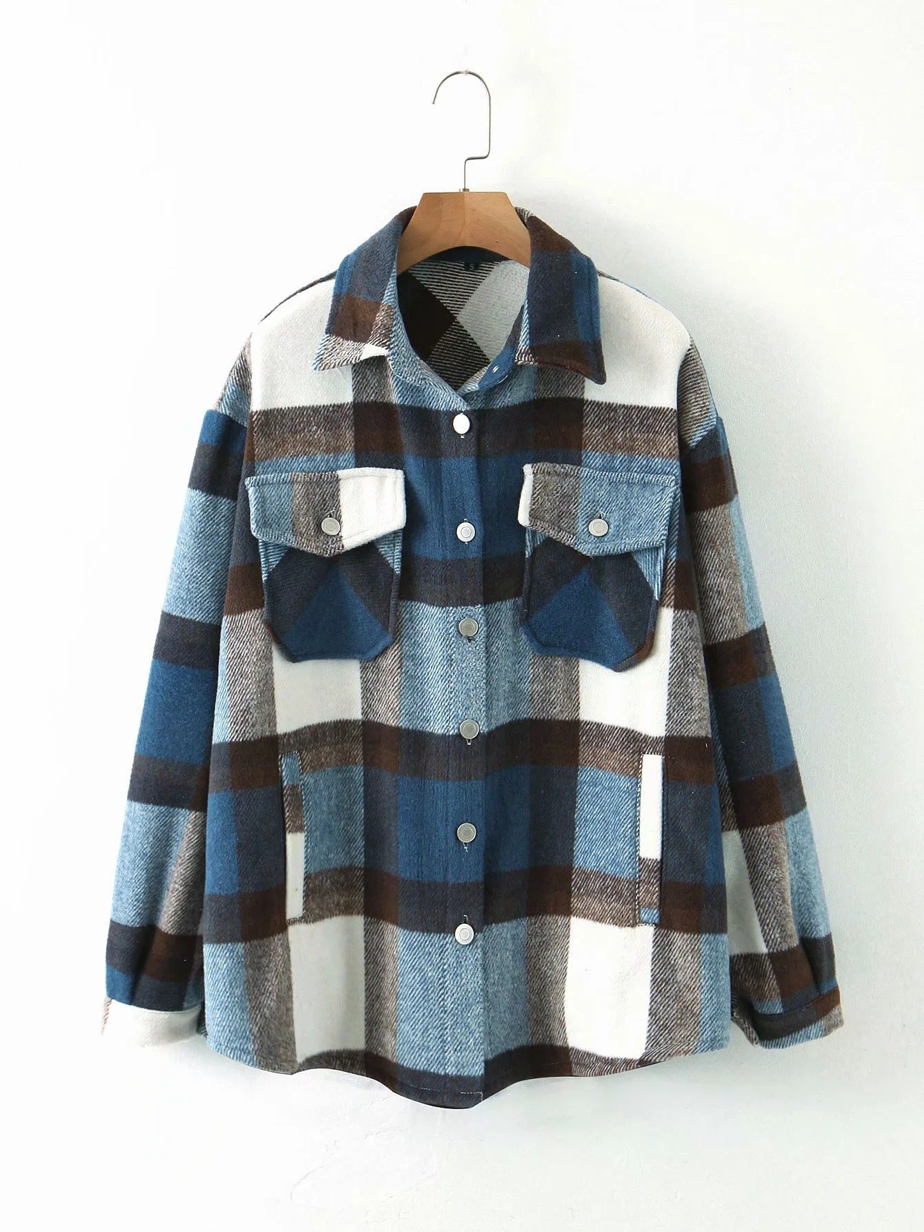 Casual Plaid Shirt Women Tweed Coat Buttons Pockets Female Jacket