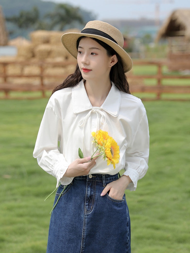 Sweet And Chic Blouse Literary White Long-sleeved Shirt Women