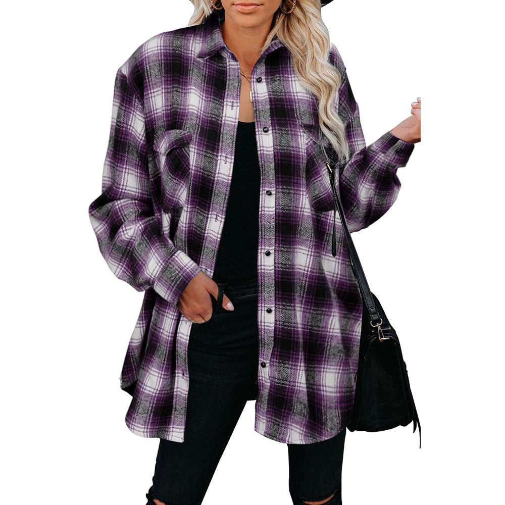 European And American Women's Plaid Mid-length Loose Lapel Cardigan Shirt