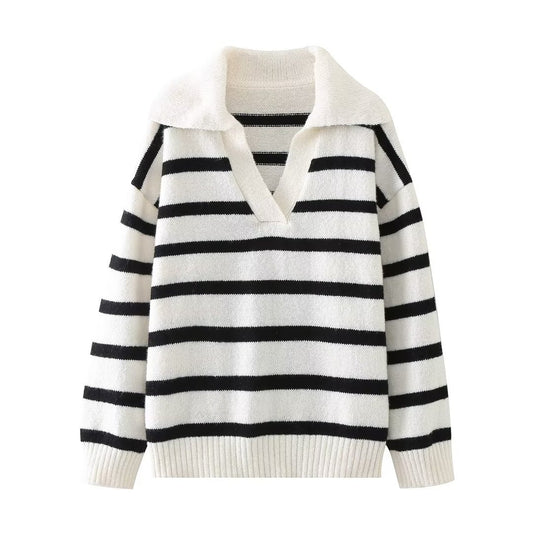 Autumn And Winter New Women's Clothing Loose Temperament Idle Style Striped Knitted Sweater