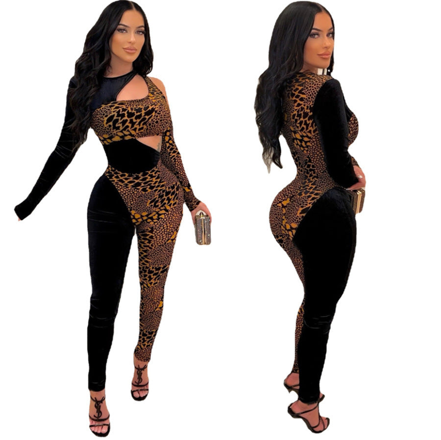 Women's Leopard Print Cutout Panel Long Sleeve Jumpsuit