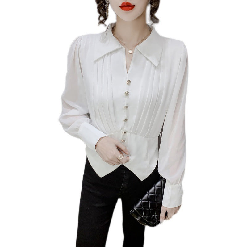 Chiffon Long Sleeve Shirt Ladies Casual Single Breasted Pleated Lapel Semi