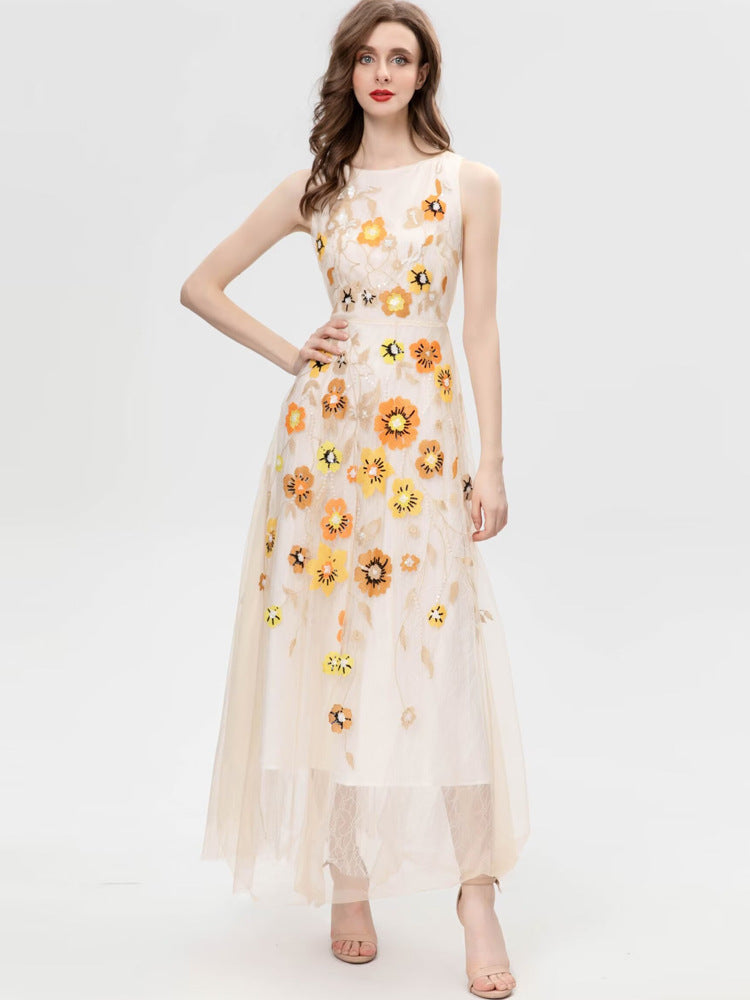 Exquisite Stickerei Blumen Pailletten Ärmelloses Apricot Swing Langes Kleid