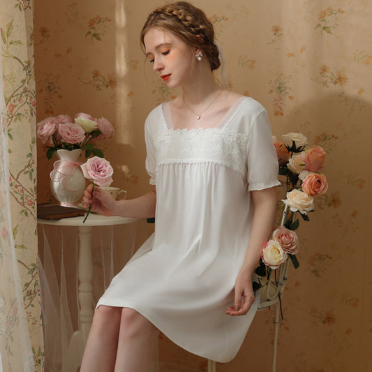 French Lace Cotton Thin Short Sleeve Nightdress