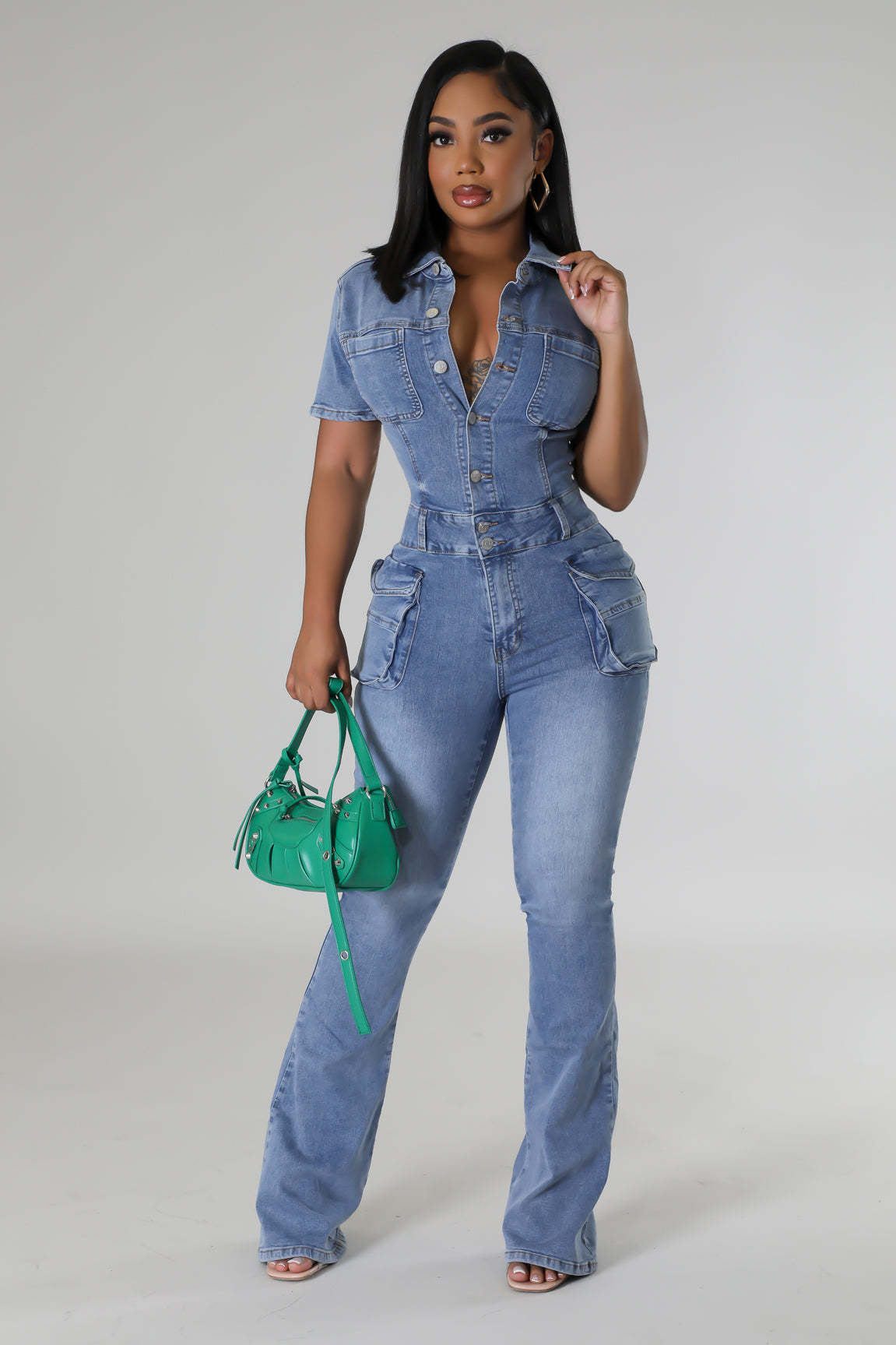 Denim-Overall für Damen mit verwaschenem Kurzarm