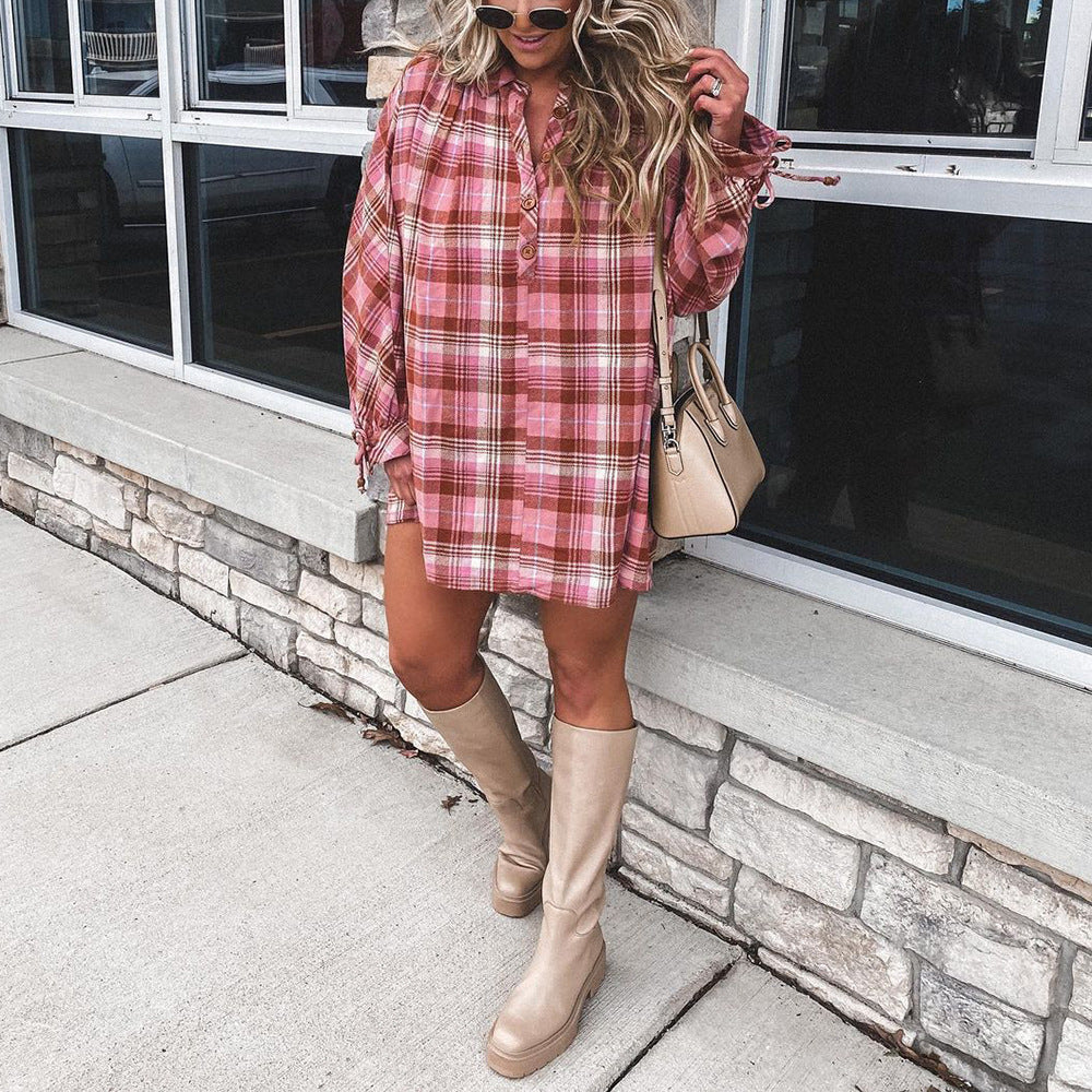 Check Printed Long Sleeve Lapel Loose Casual Shirt Dress