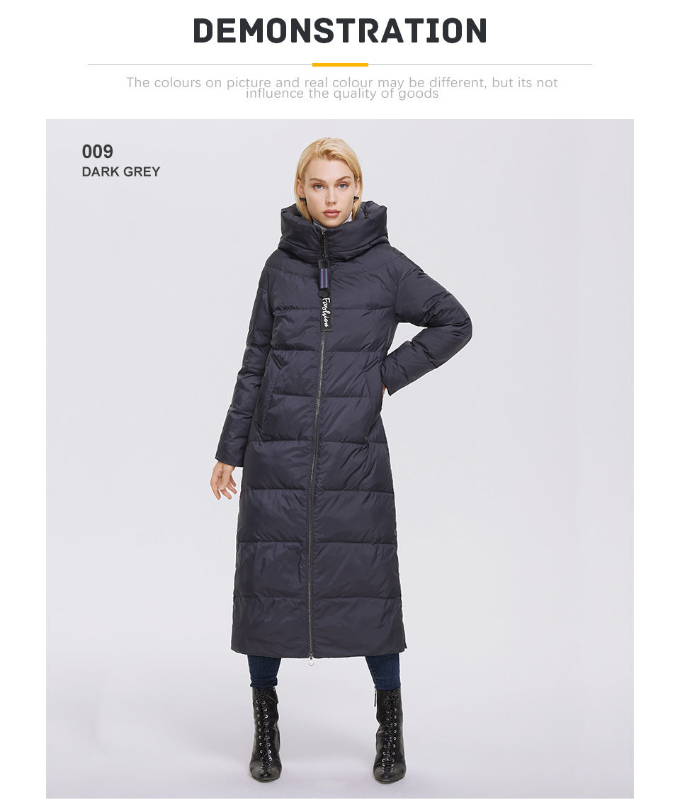 Hooded Stand Collar Coat Extra Long Thermal And Windproof Zipper Cotton-padded Coat