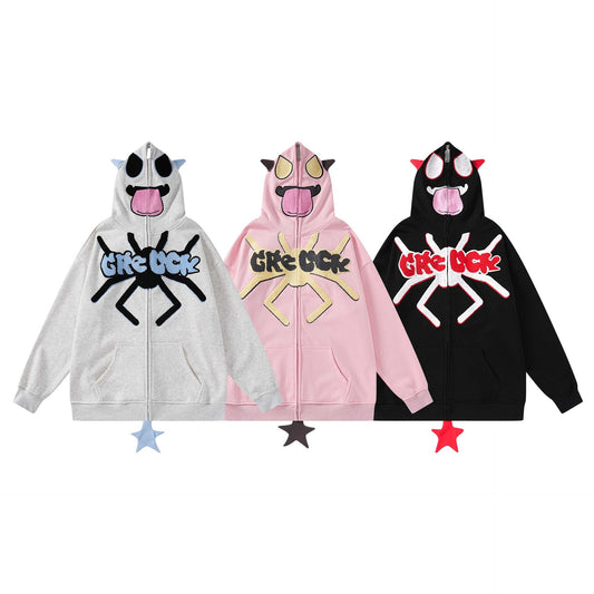 Cartoon Spider Letter Towel Embroidery Hooded Cardigan Sweater