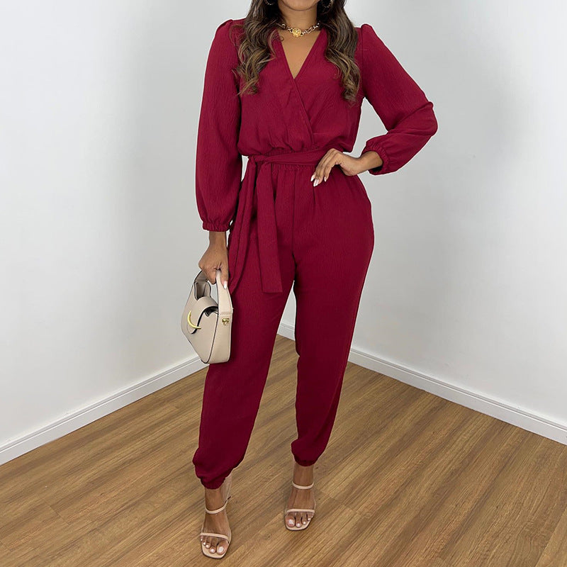 Modischer, eleganter, einfarbiger, langärmliger, verkürzter Jumpsuit mit V-Ausschnitt und hoher Taille für Damen