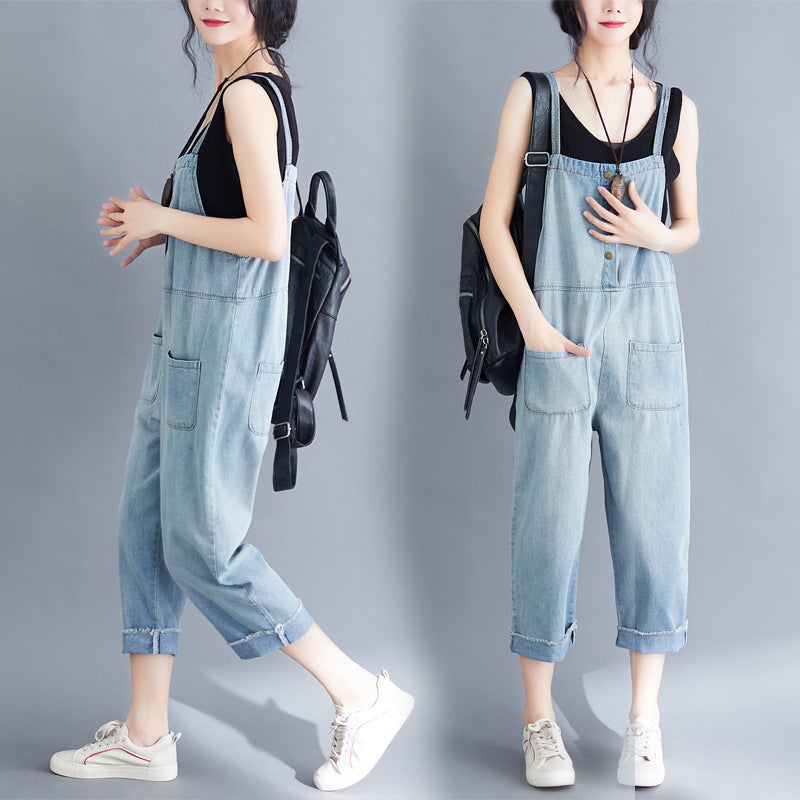 Women's Loose Large Size Jumpsuit Cropped Denim Overalls