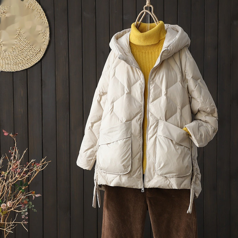 Casual Mid-length Drawstring Cinched Hoodie Down Jacket