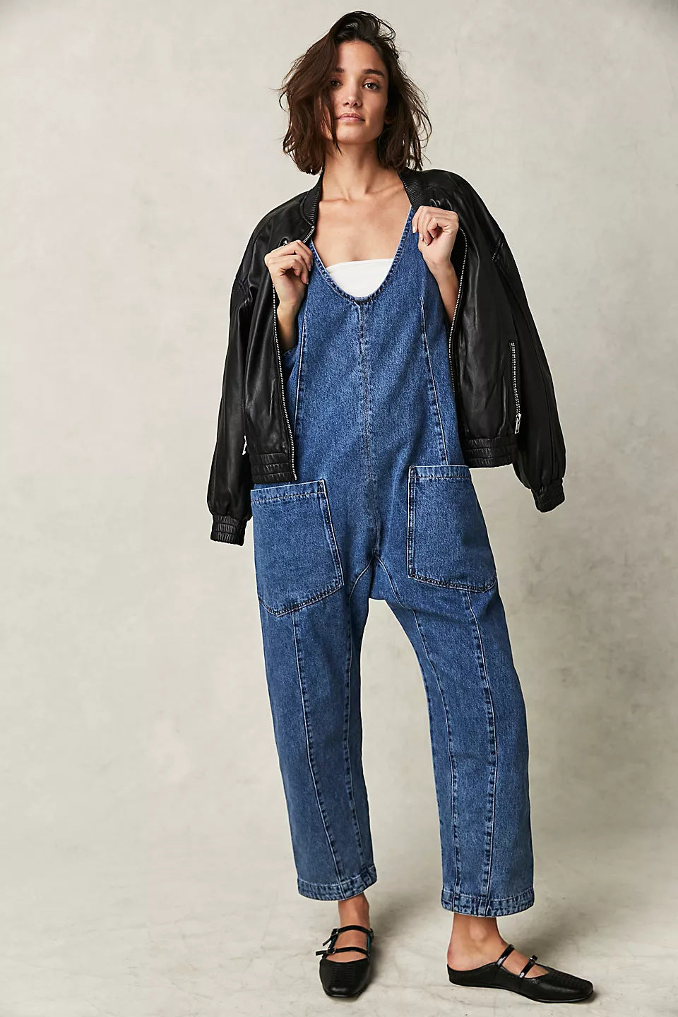 European And American Autumn And Winter Washed Denim V-neck One-piece Trousers Adjustable