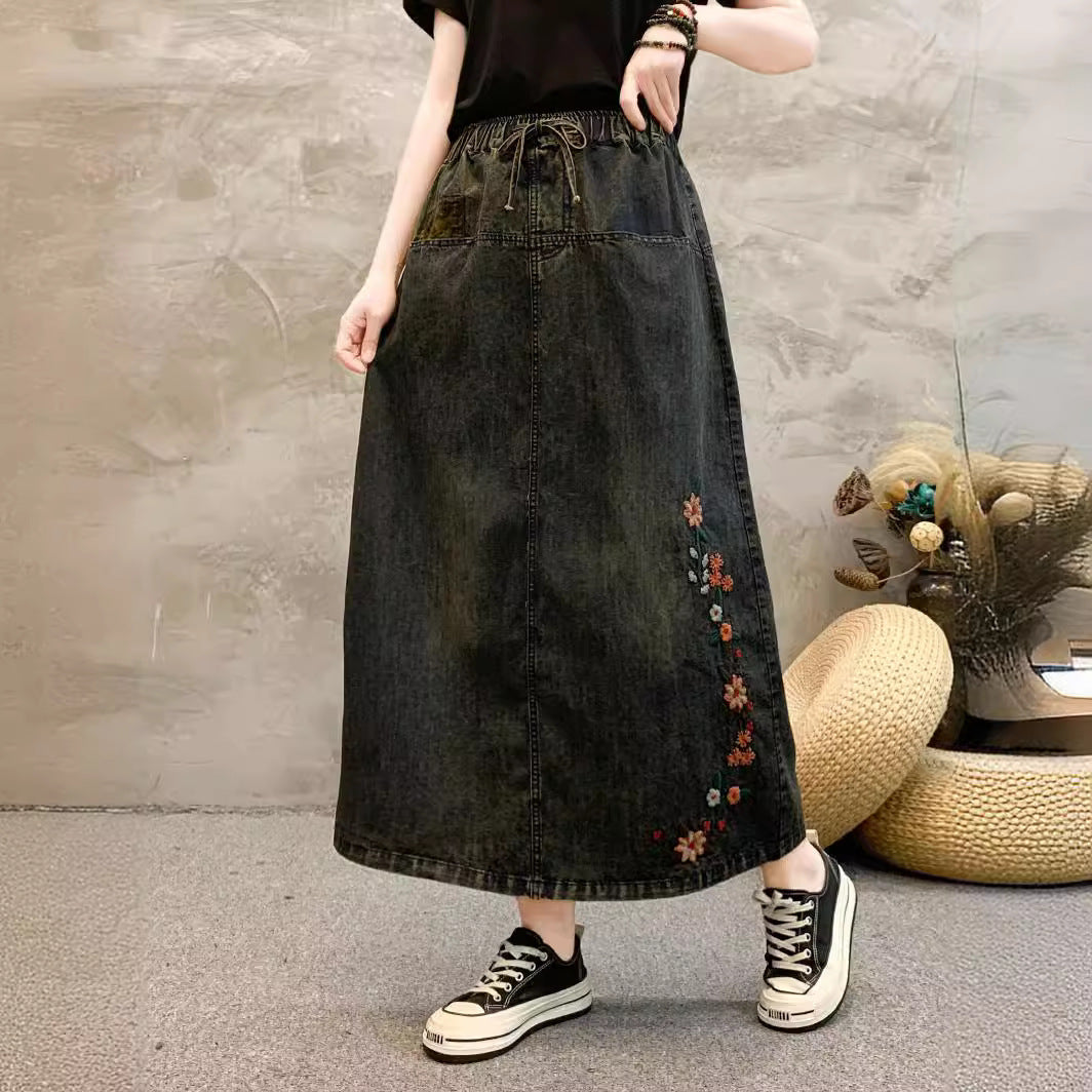 Spring Chinese Style Small Flower Embroidery High-waisted Skirt