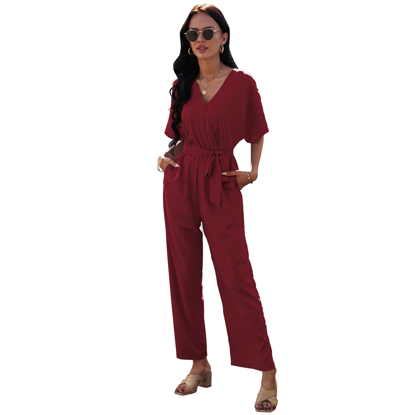 European And American V-neck Women's Tie Waist Solid Color Jumpsuit