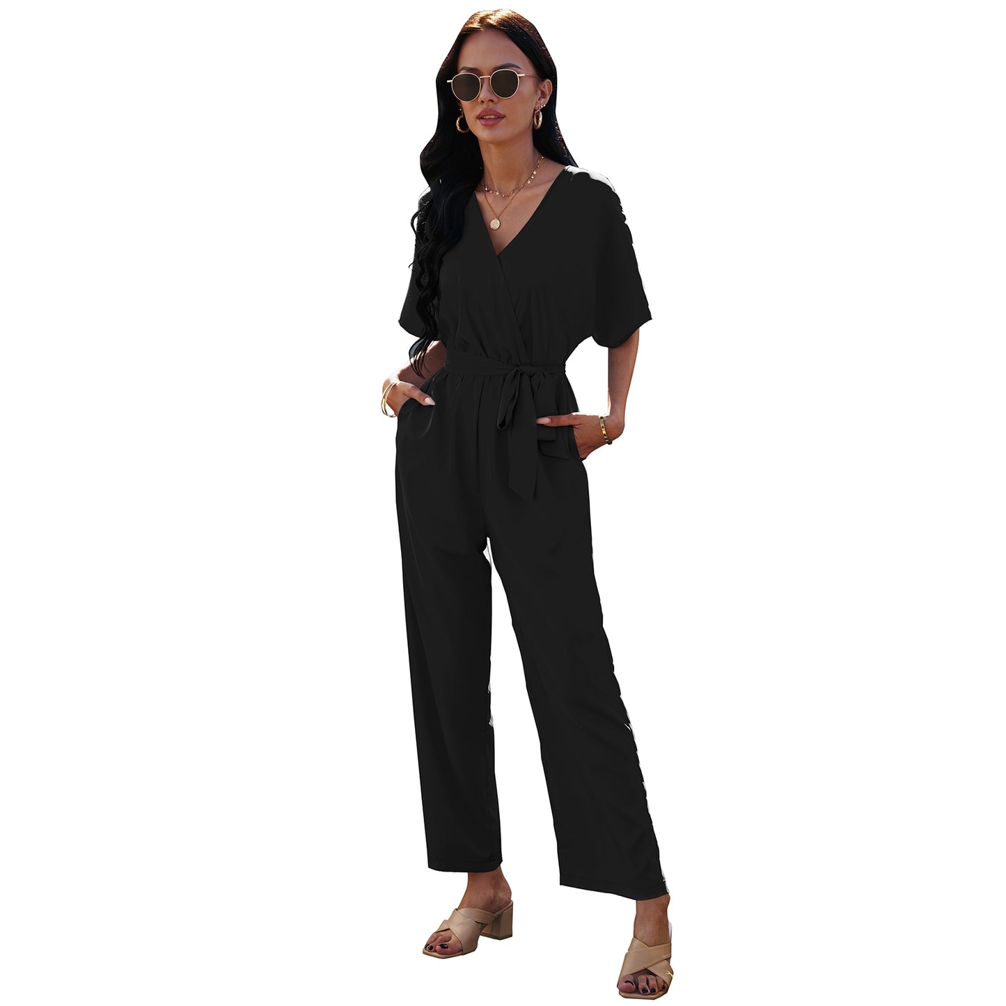 European And American V-neck Women's Tie Waist Solid Color Jumpsuit