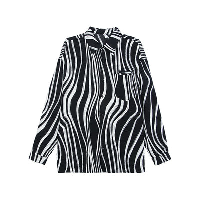 Contrasting Color Zebra Print Lapel Shirt Men's Loose Long-sleeved Shirt