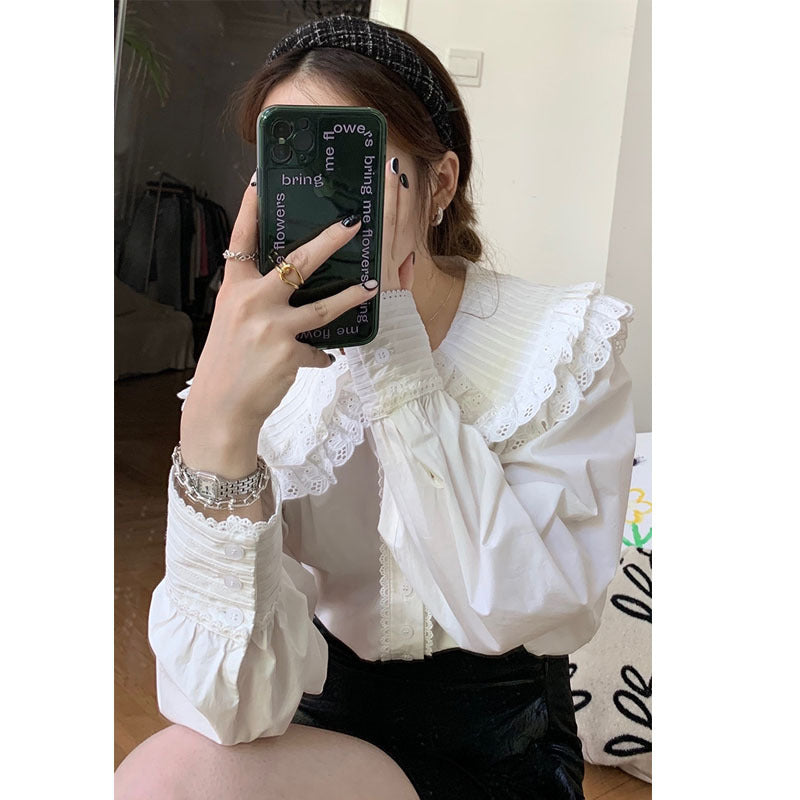 Women's Heavy Black And White Lace Collar Pleated Casual Shirt