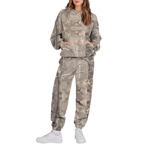 Damen 3 Camouflage Leaves Sports Kapuzenpullover mit langen Ärmeln und Jogginghose im Set