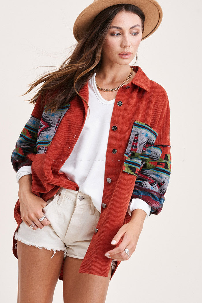 Corduroy Aztec Stitching Printed Pocket Long-sleeved Jacket