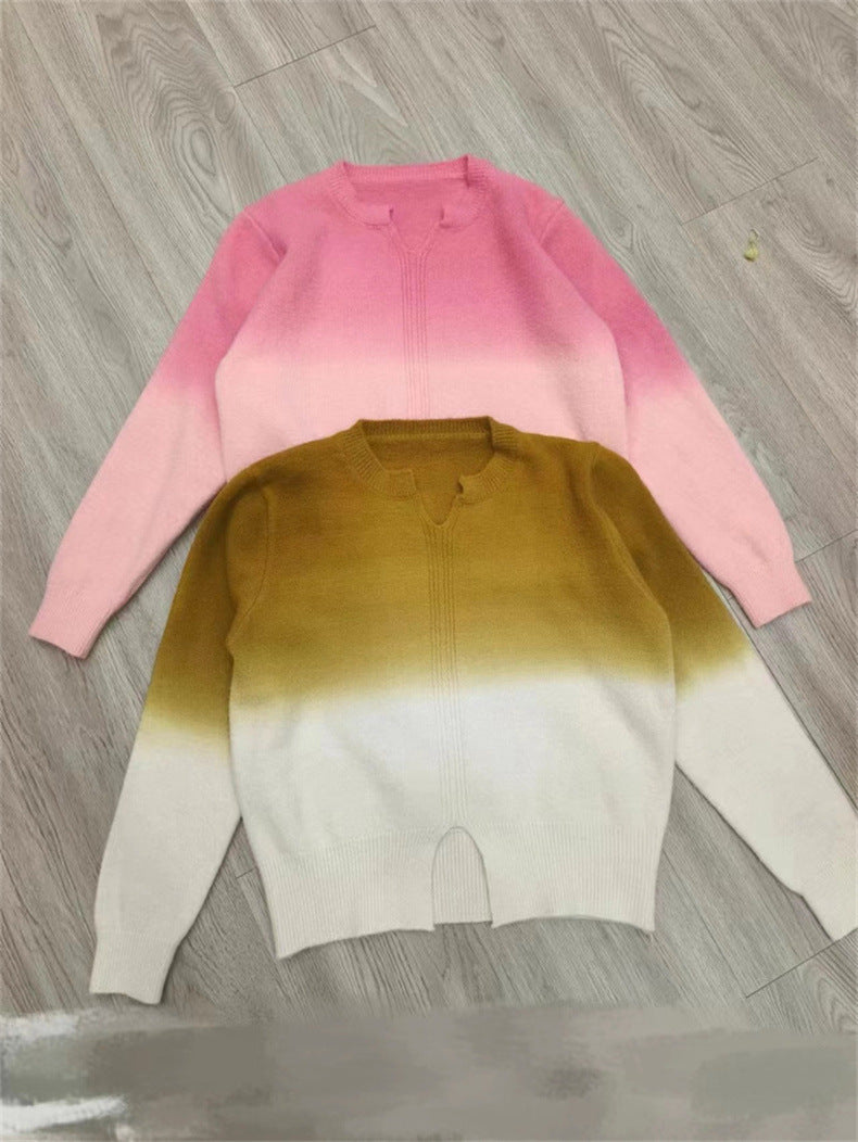 Gradient Color Knitted Long Sleeve Pullover Top Women