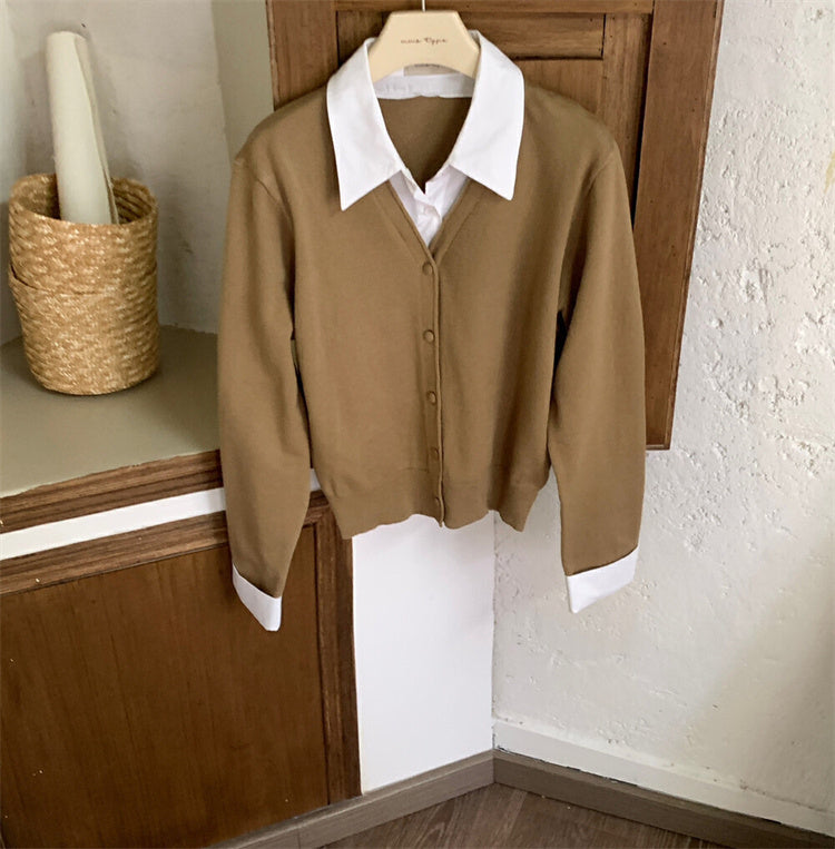 Autumn Winter False-two-piece Shirt Stitching Sweater Female Commute Style