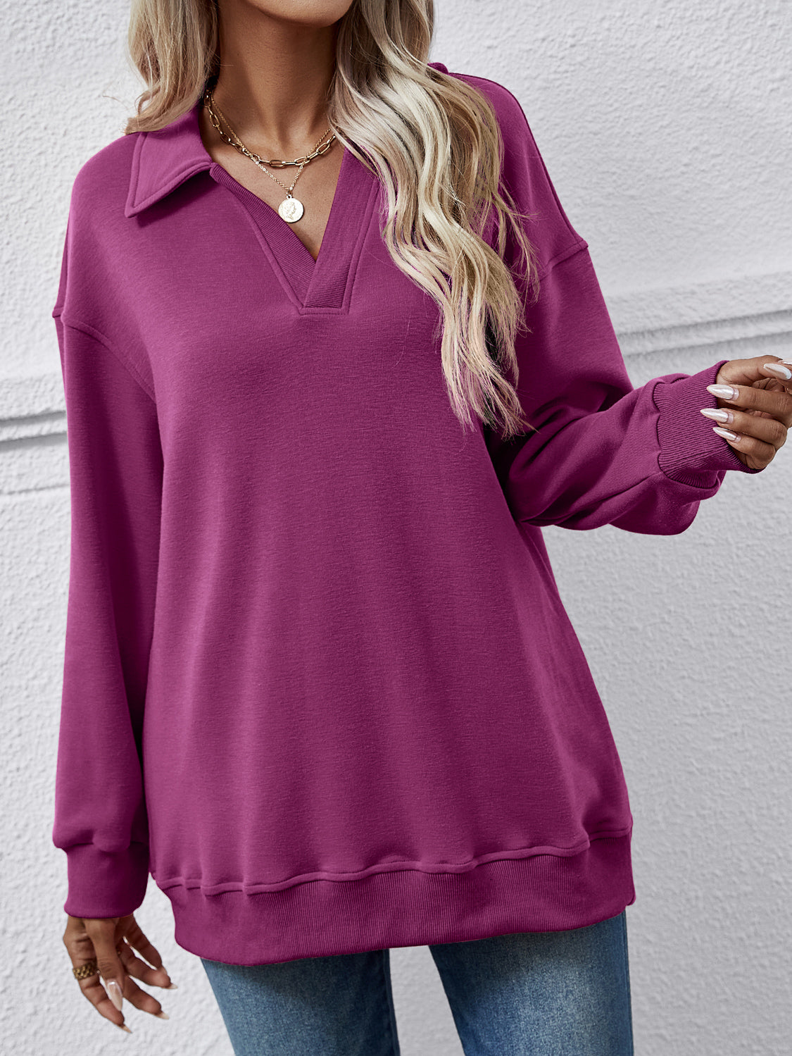 Collared Neck Dropped Shoulder Sweatshirt