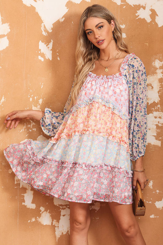 Sky Blue Floral Colorblock Tiered Puff Sleeve Dress