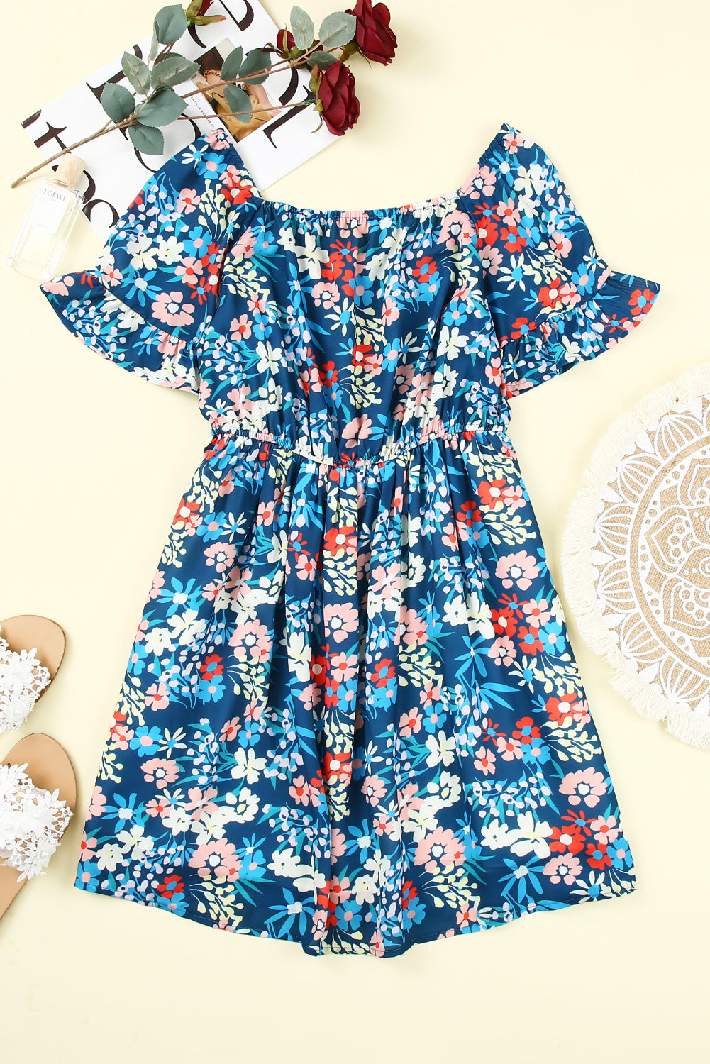 Blue Square Neck Ruffle Floral Dress