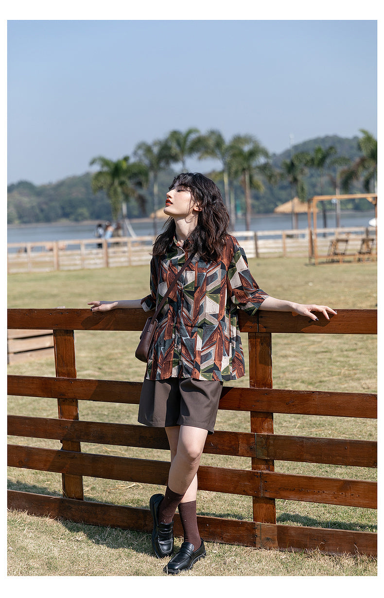 Spring And Autumn Loose Top Retro Hong Kong Style Long Sleeve Flower Shirt